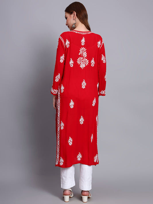 Women Hand Embroidered Chikankari Modal Straight Kurta-AL4042 Red