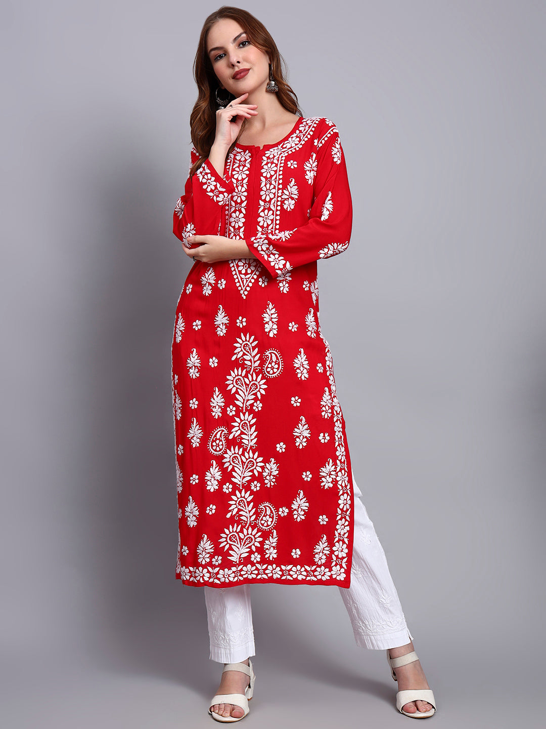 Women Hand Embroidered Chikankari Modal Straight Kurta-AL4042 Red