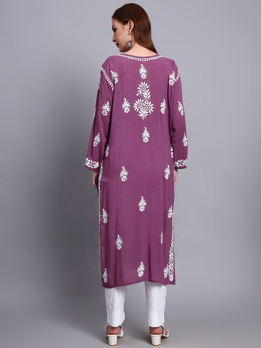 Women Hand Embroidered Chikankari Modal Straight Kurta-AL4042 Violet