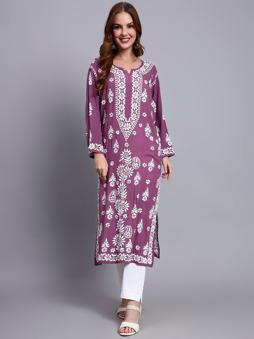 Women Hand Embroidered Chikankari Modal Straight Kurta-AL4042 Violet