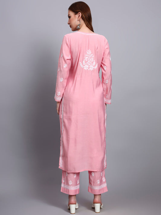 Women Hand Embroidered Chikankari Chanderi Kurta Set-AL4089KS Pink