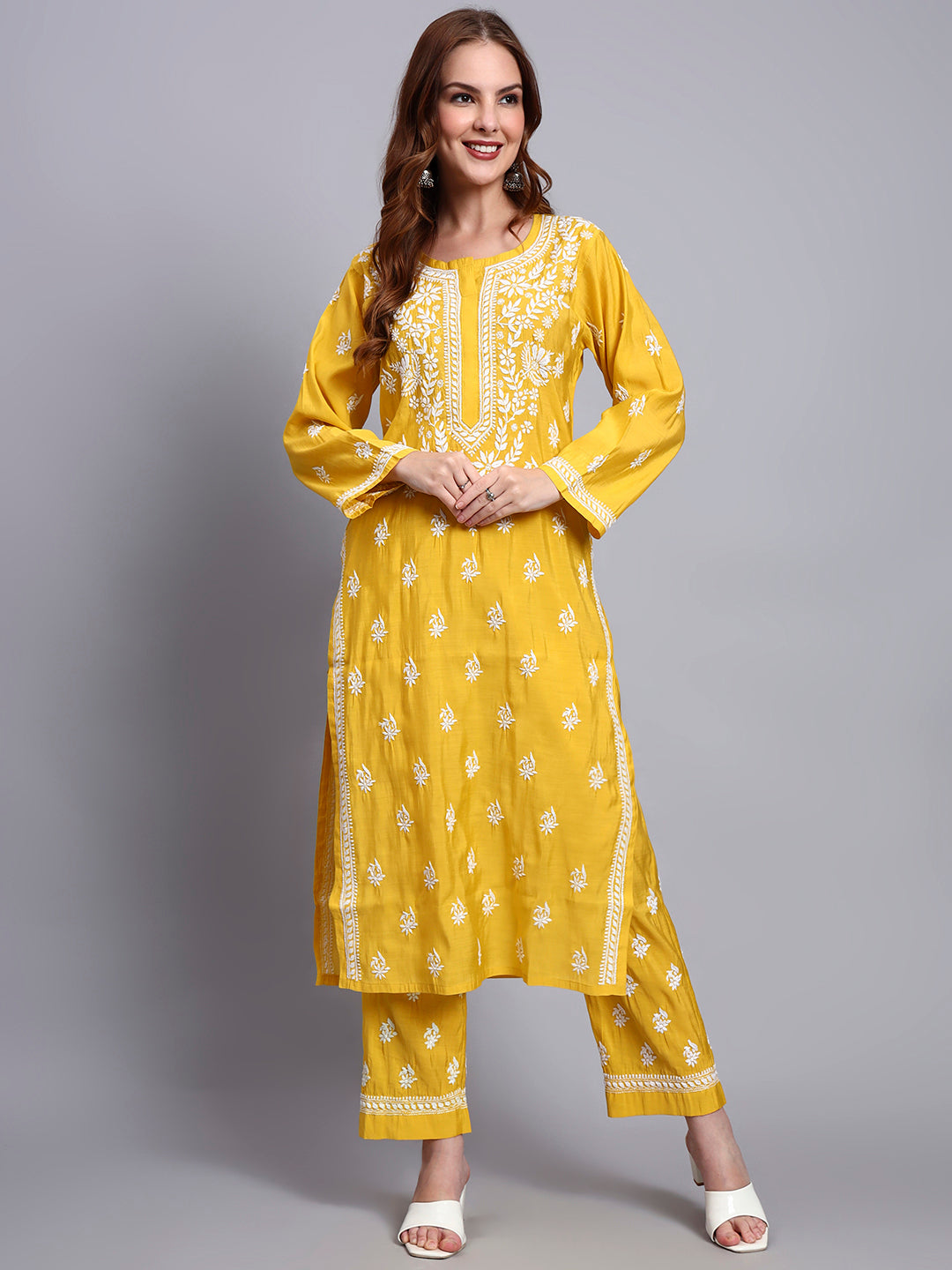 Women Hand Embroidered Chikankari Chanderi Kurta Set-AL4089KS Yellow