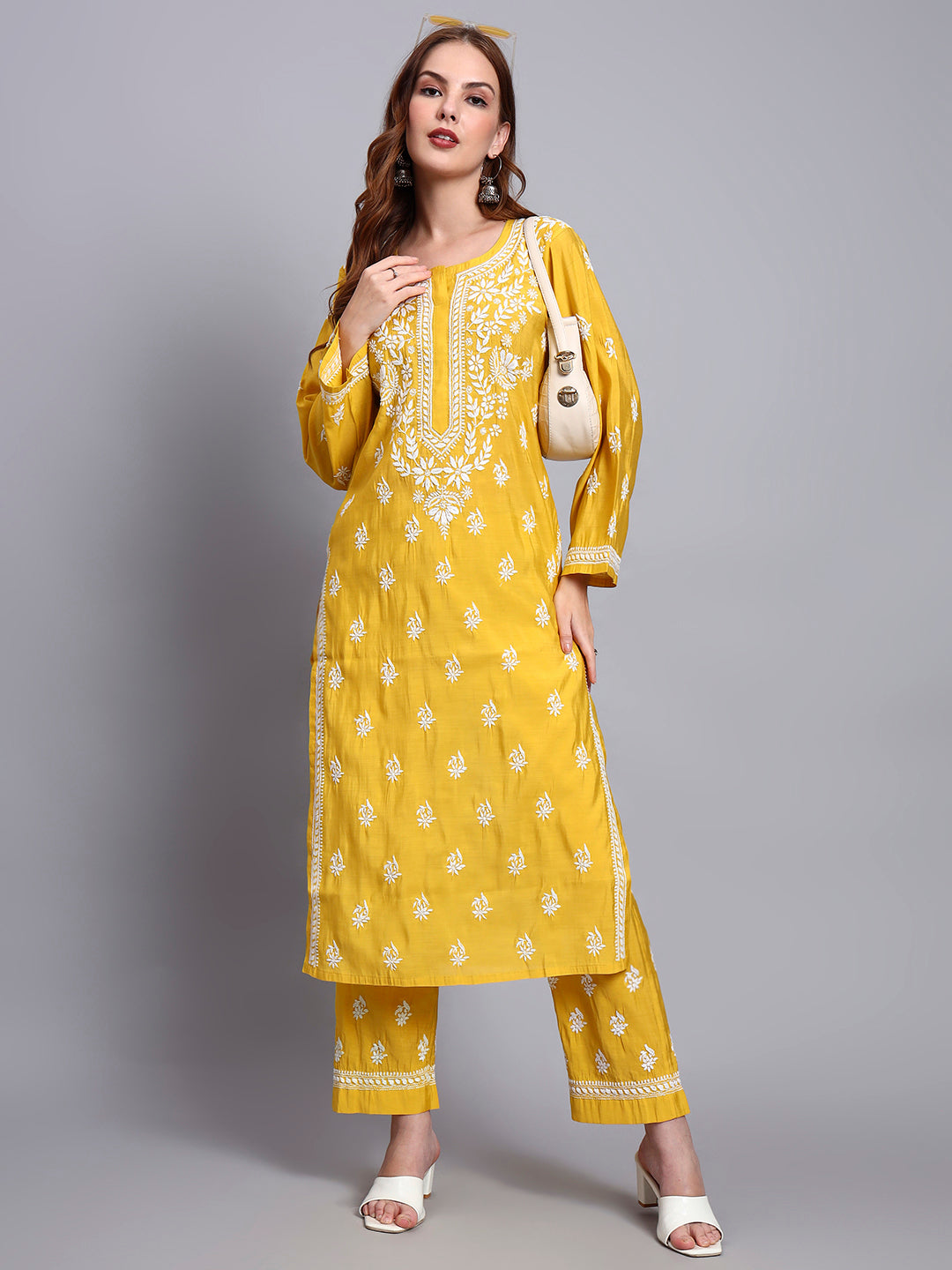 Women Hand Embroidered Chikankari Chanderi Kurta Set-AL4089KS Yellow