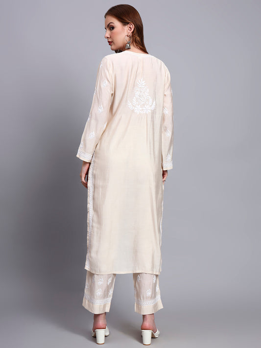 Women Hand Embroidered Chikankari Chanderi Kurta Set-AL4089KS Beige