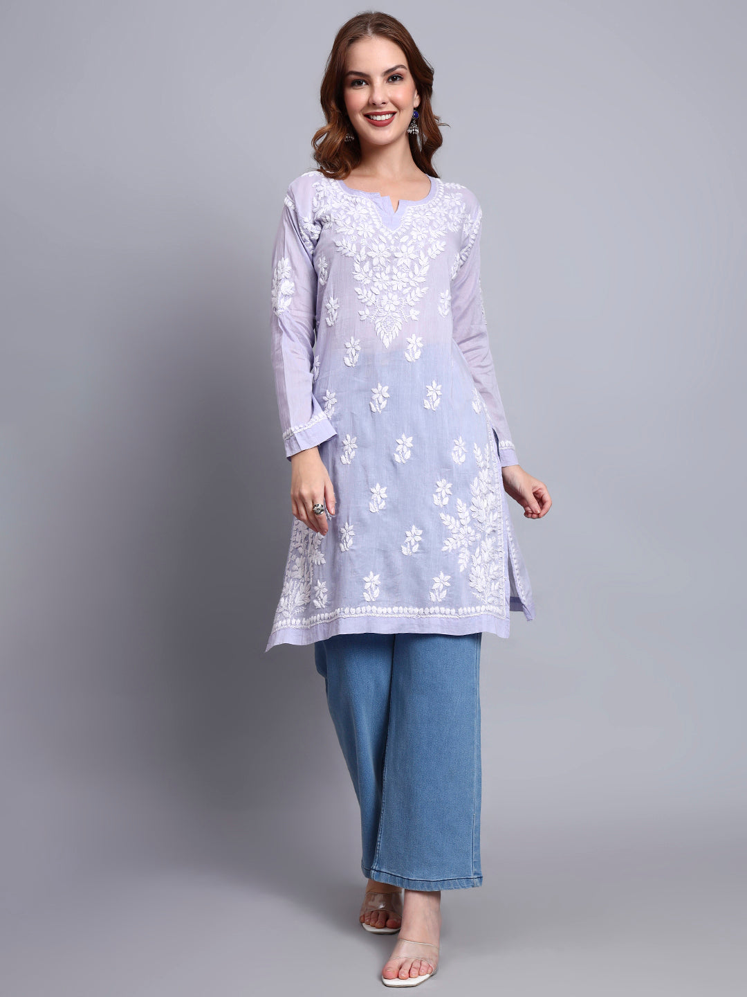 Women Hand Embroidered Chikankari Cotton Kurti -AL3685 Mauve