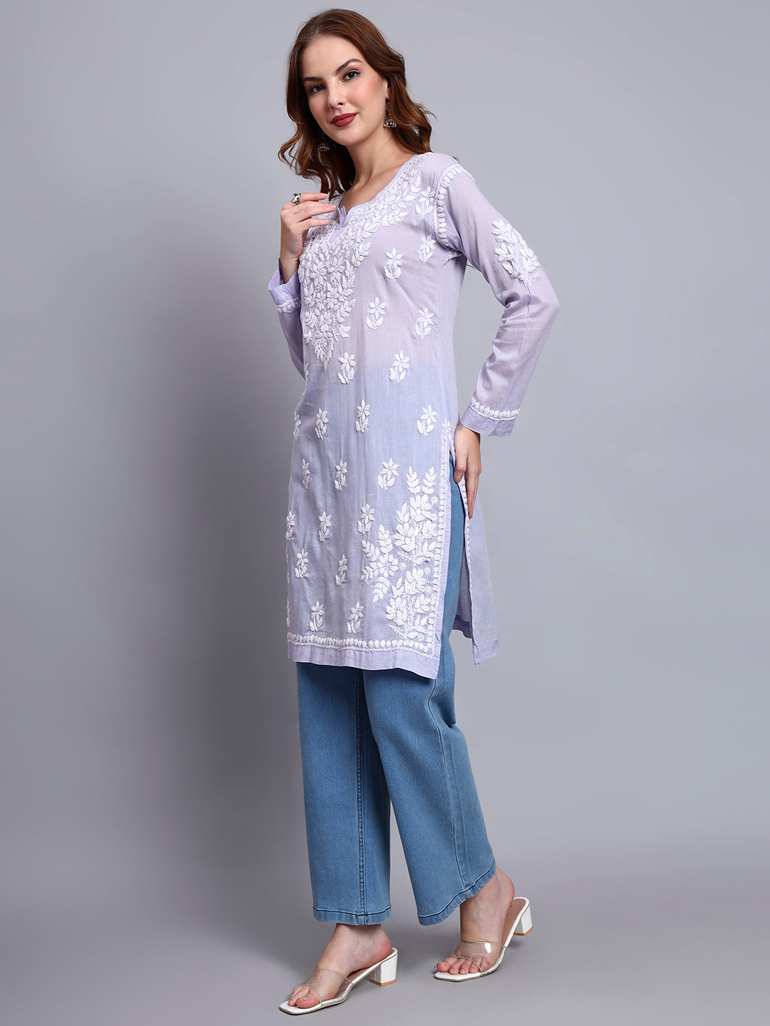 Women Hand Embroidered Chikankari Cotton Kurti -AL3685 Mauve