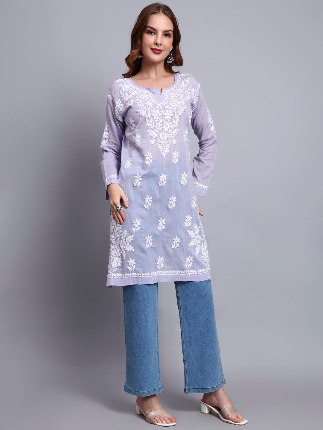 Women Hand Embroidered Chikankari Cotton Kurti -AL3685 Mauve