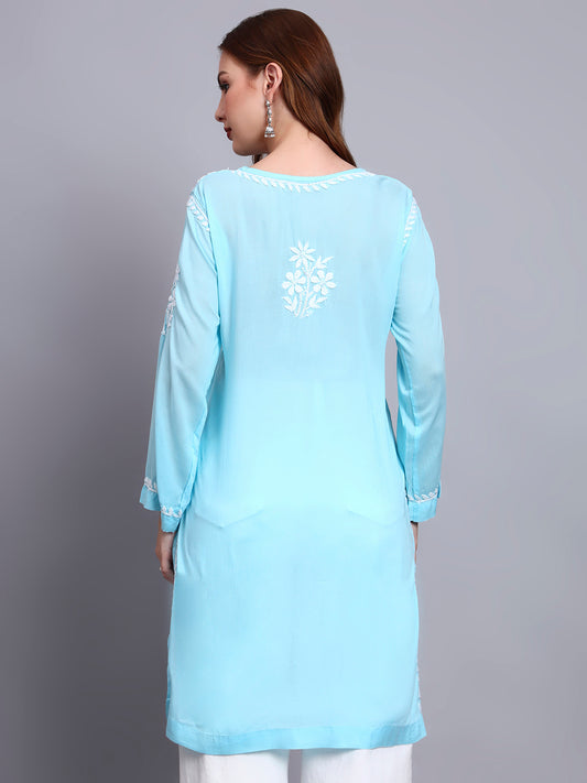 Women Hand Embroidered Chikankari Modal Kurti -AL3702 Skyblue