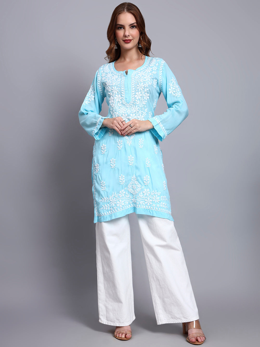 Women Hand Embroidered Chikankari Modal Kurti -AL3702 Skyblue