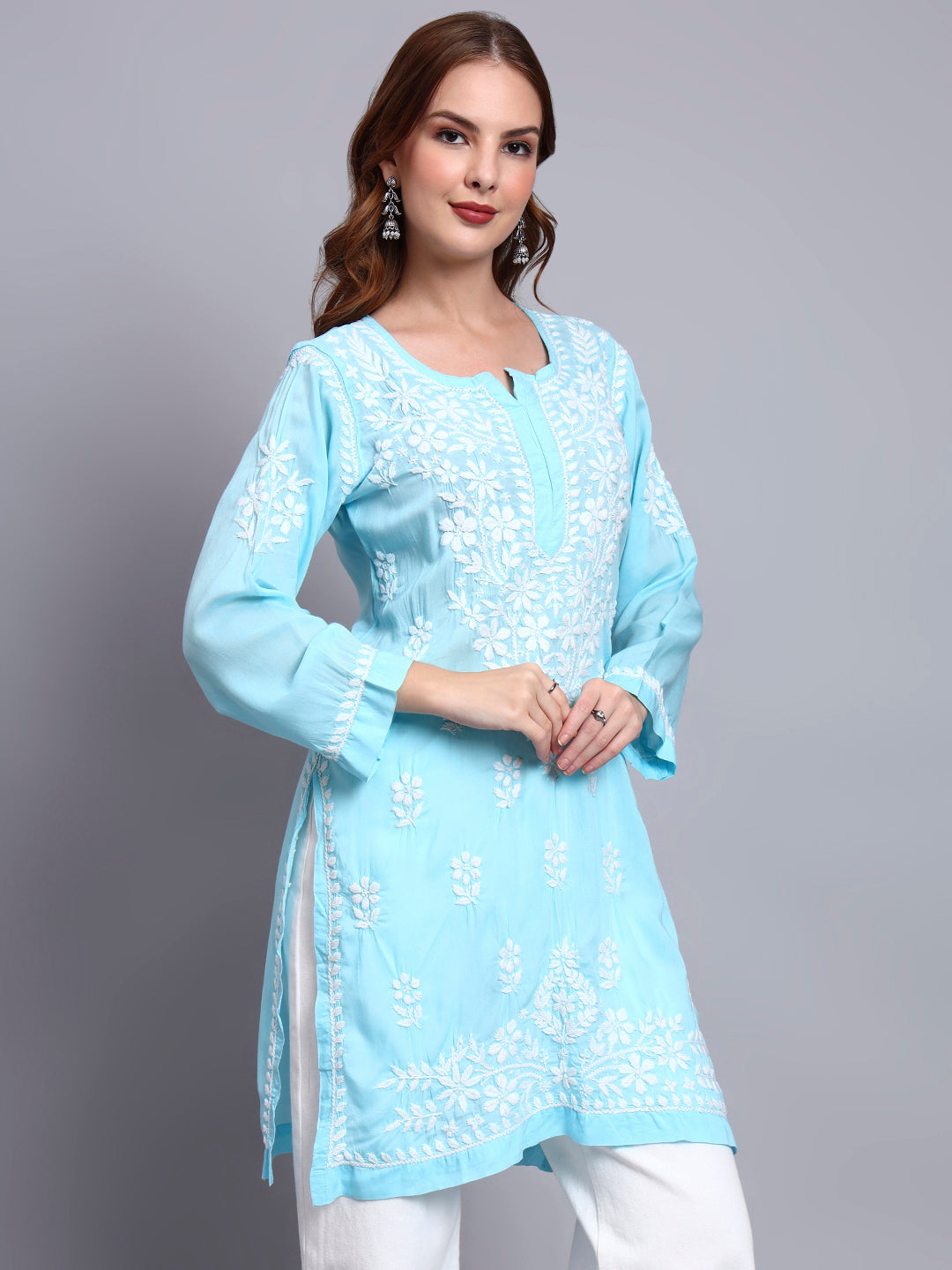 Women Hand Embroidered Chikankari Modal Kurti -AL3702 Skyblue