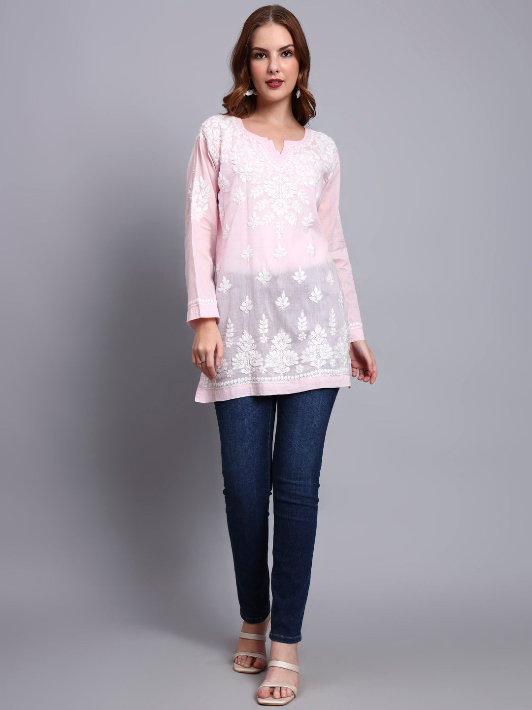 Women Hand Embroidered Chikankari Mulmul Short Top -AL3724 Pink