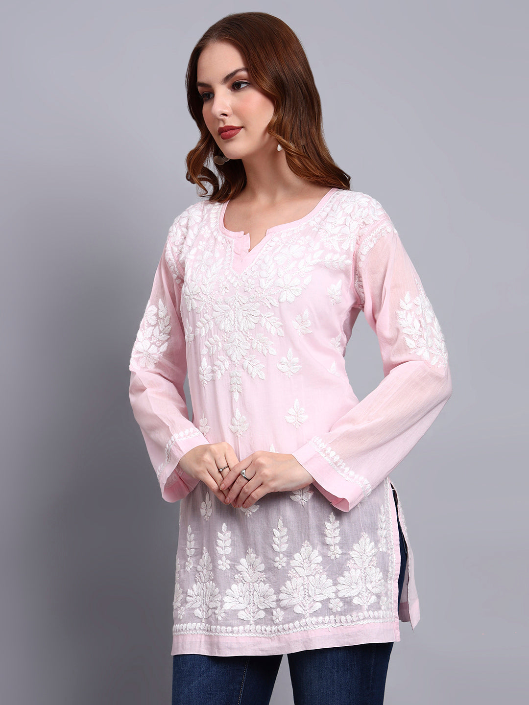Women Hand Embroidered Chikankari Mulmul Short Top -AL3724 Pink