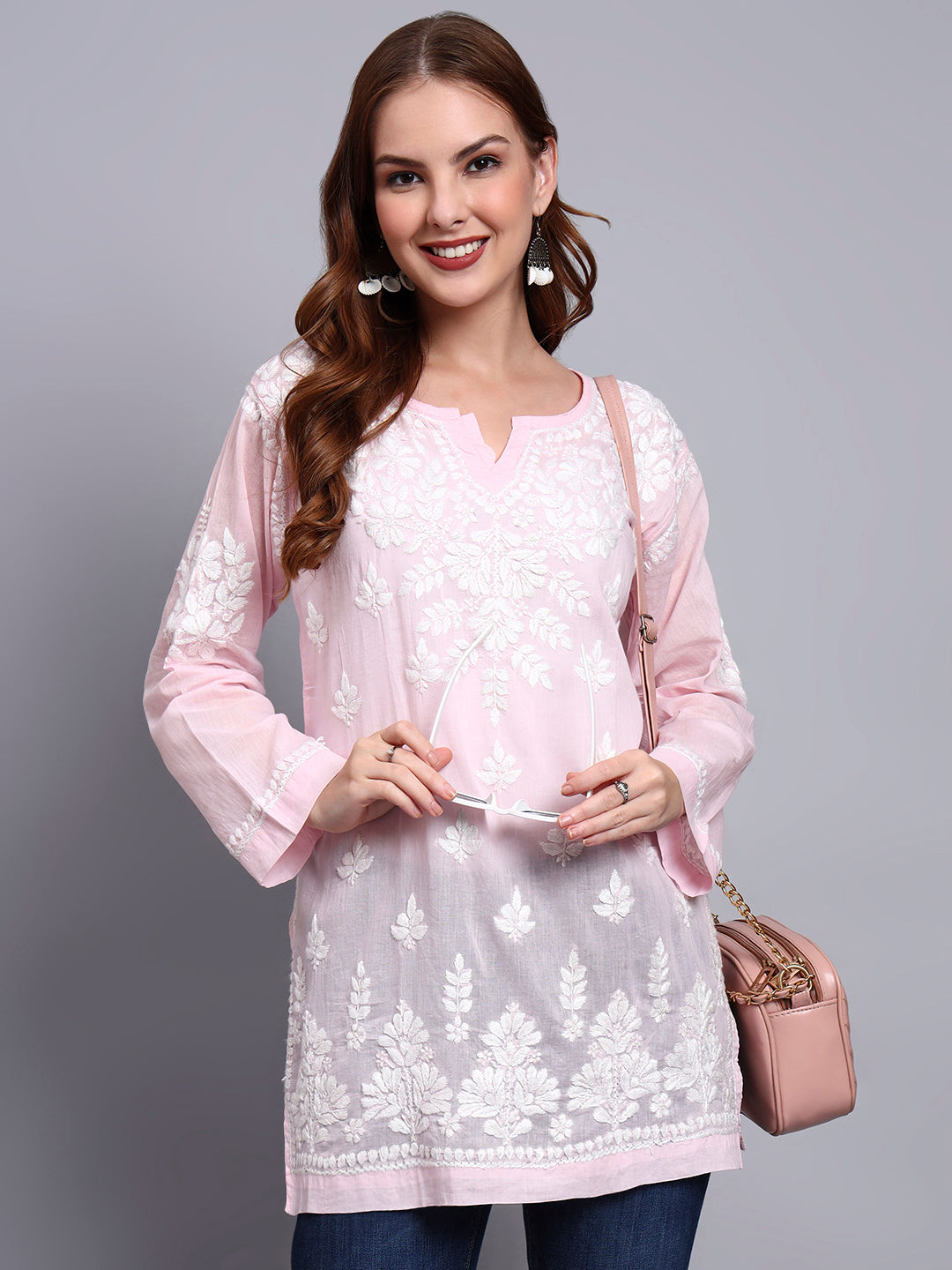 Women Hand Embroidered Chikankari Mulmul Short Top -AL3724 Pink