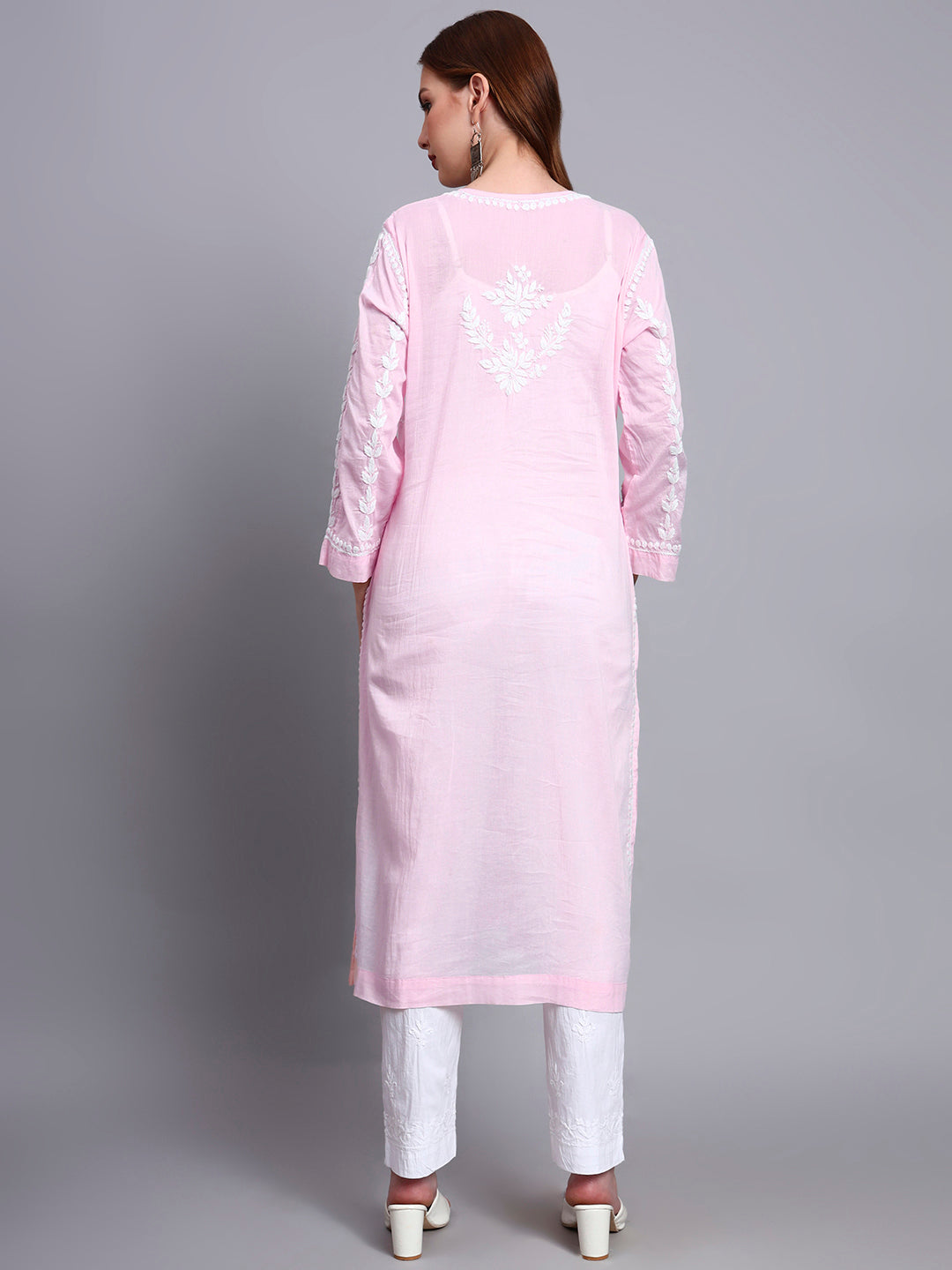 Women Hand Embroidered Chikankari Mulmul Kurta -AL3757 Pink