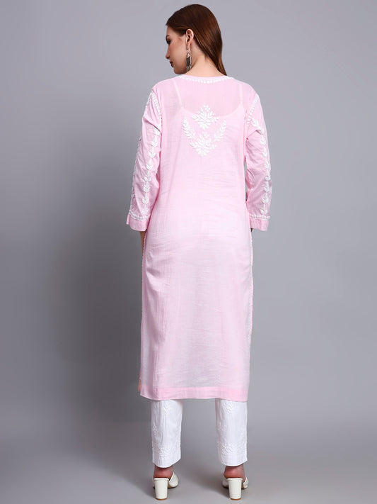 Women Hand Embroidered Chikankari Mulmul Kurti -AL3757 Pink
