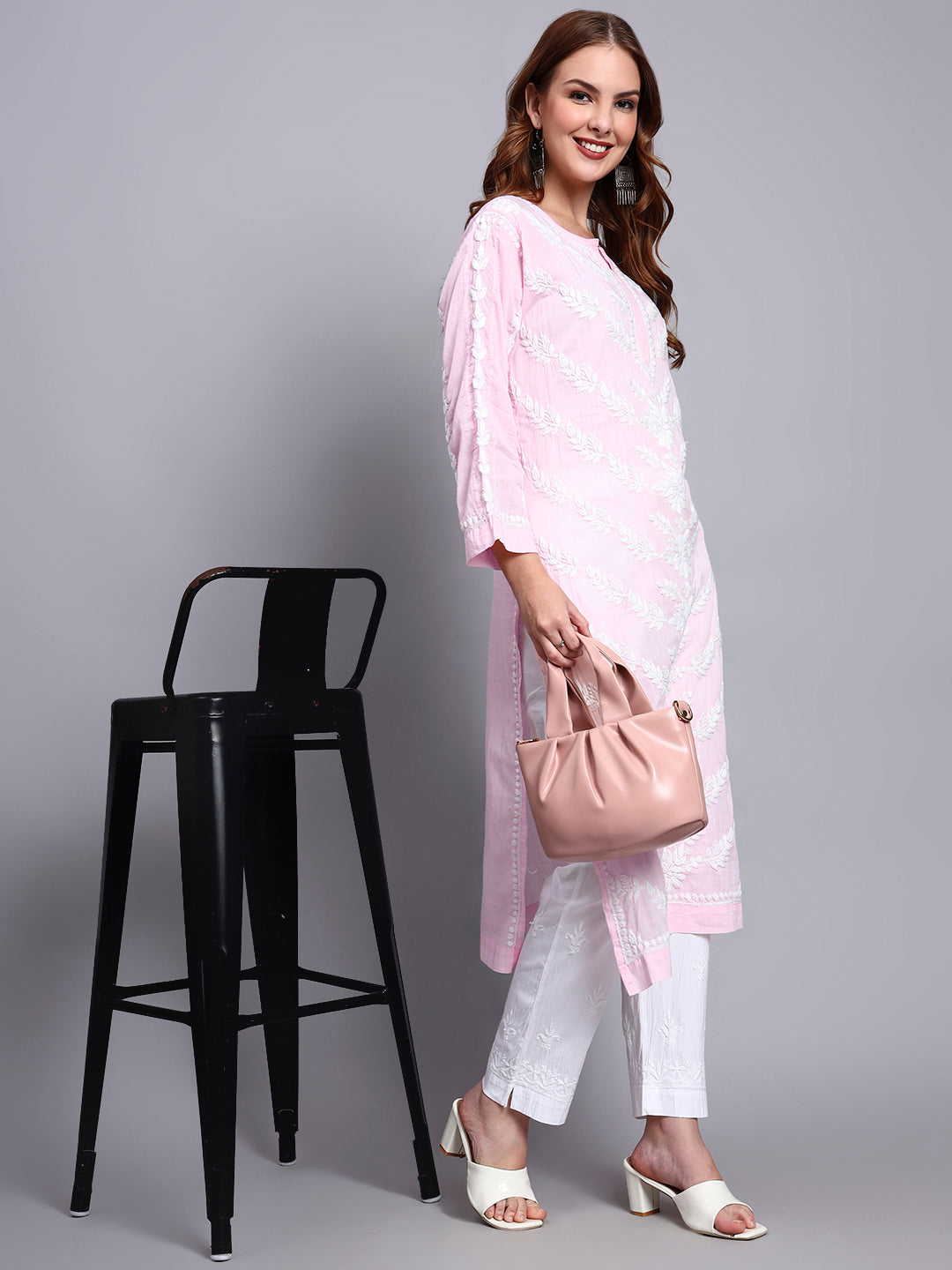 Women Hand Embroidered Chikankari Mulmul Kurta -AL3757 Pink