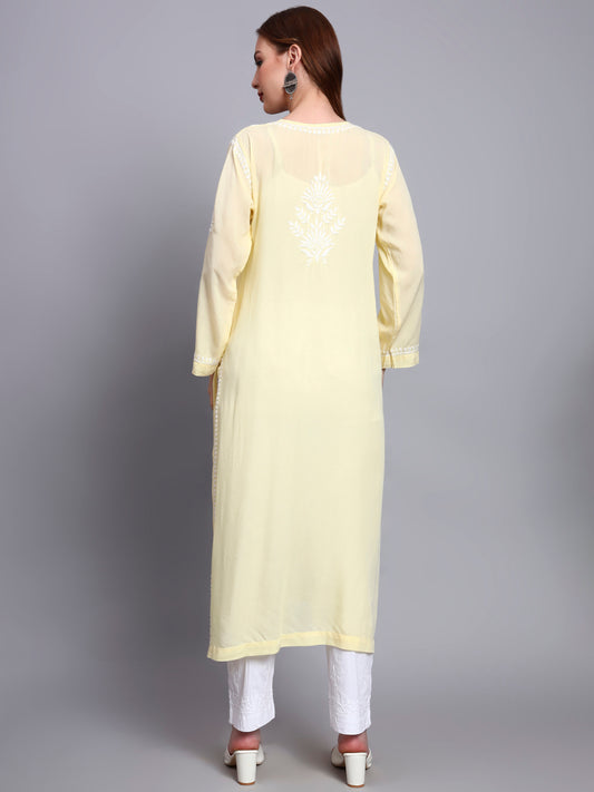 Hand Embroidered Chikankari Modal Straight Kurta-AL3683 Yellow