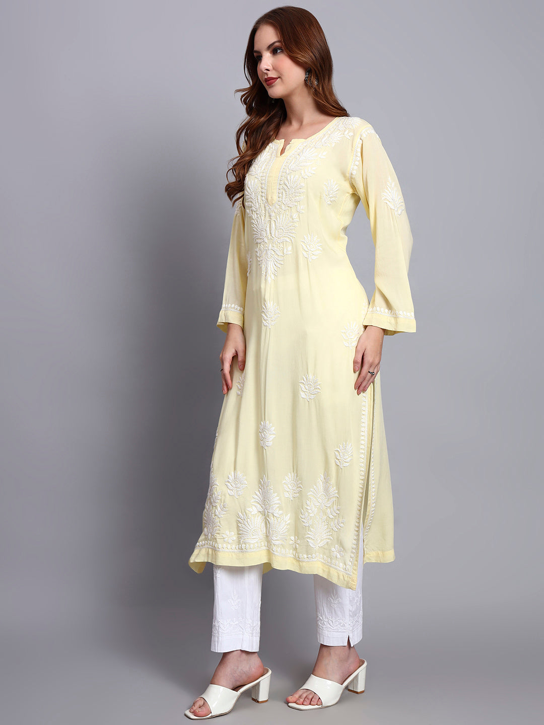 Hand Embroidered Chikankari Modal Straight Kurta-AL3683 Yellow