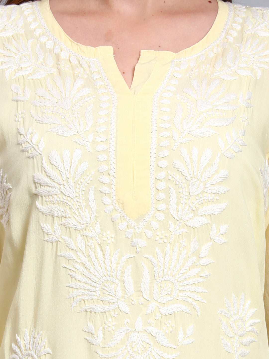 Hand Embroidered Chikankari Modal Straight Kurta-AL3683 Yellow