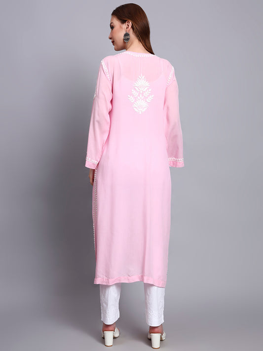 Hand Embroidered Chikankari Modal Straight Kurta-AL3683 Pink