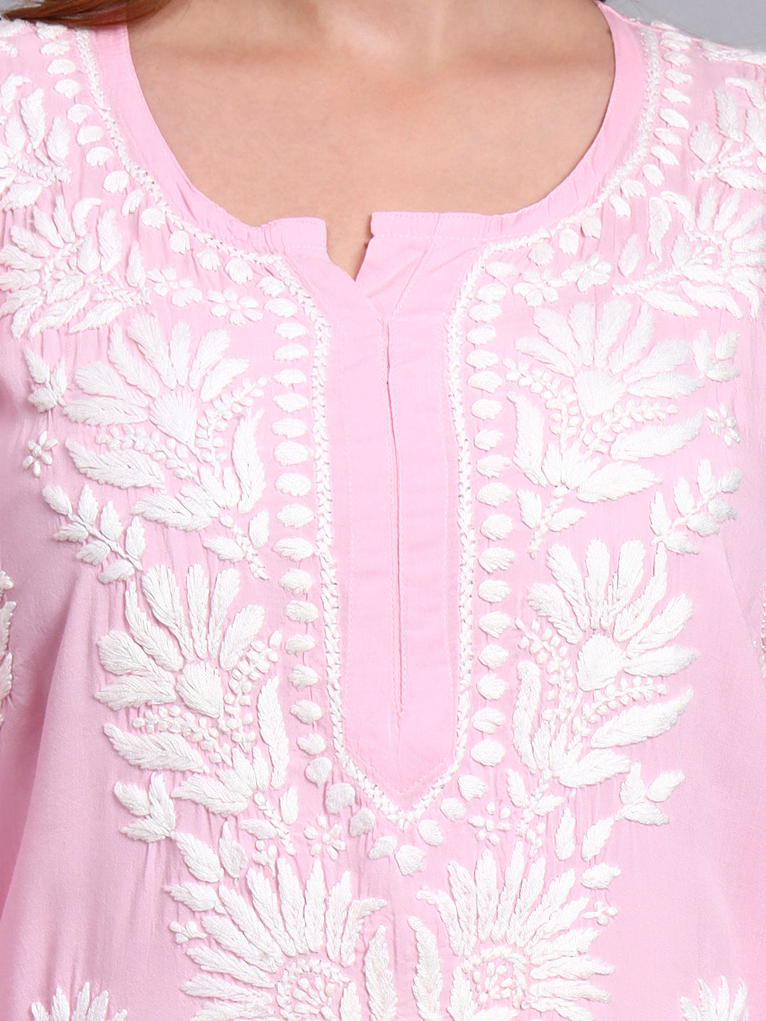 Hand Embroidered Chikankari Modal Straight Kurta-AL3683 Pink