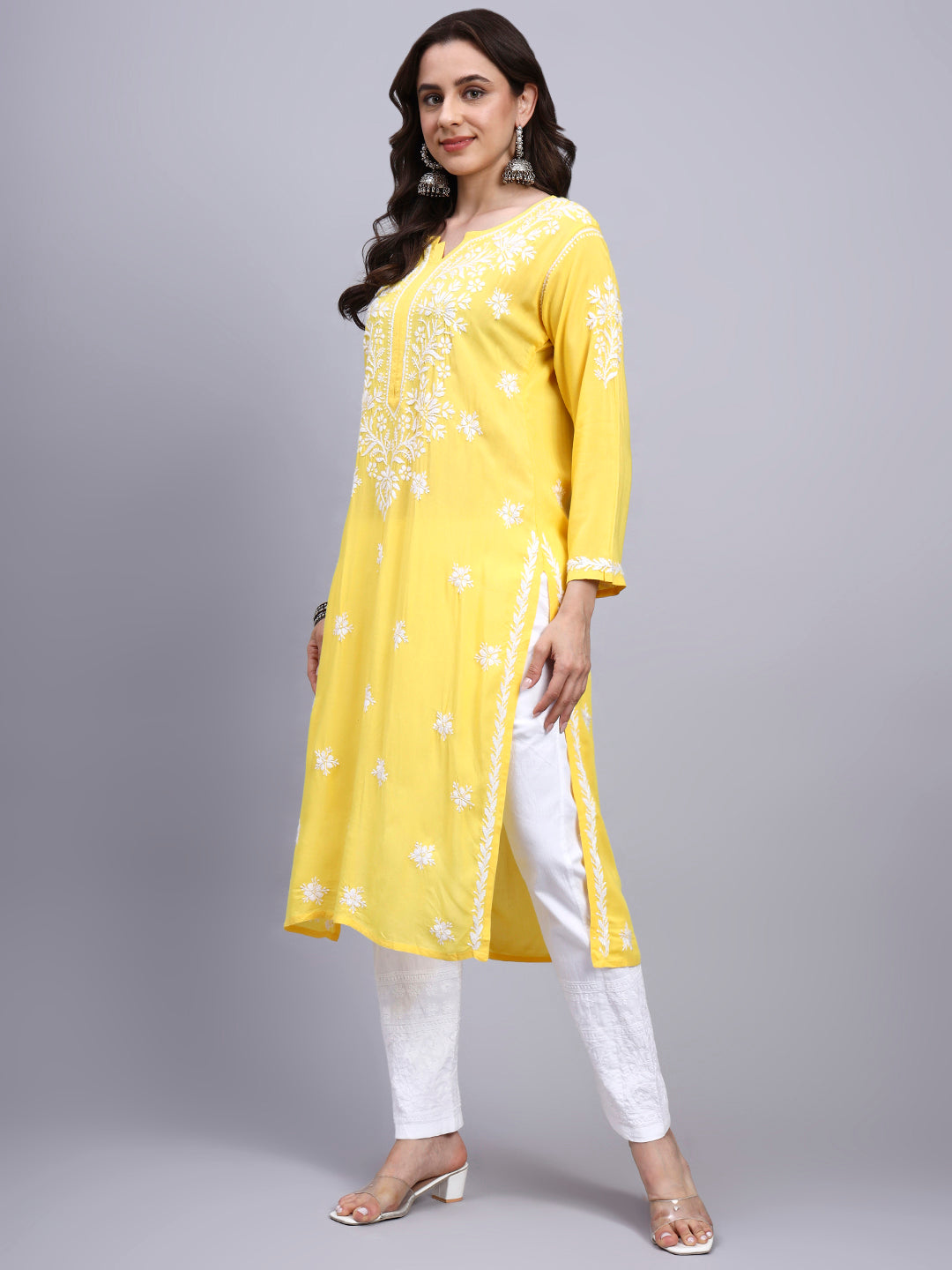 Women Hand Embroidered Chikankari Modal Kurta-AL4059 Dark Yellow