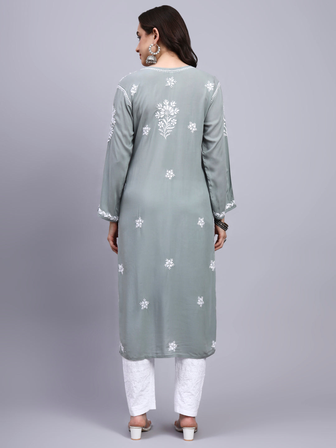 Women Hand Embroidered Chikankari Modal Kurta-AL4059 Light Grey