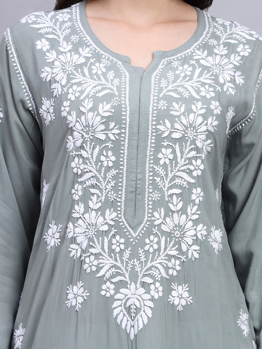 Women Hand Embroidered Chikankari Modal Kurta-AL4059 Light Grey