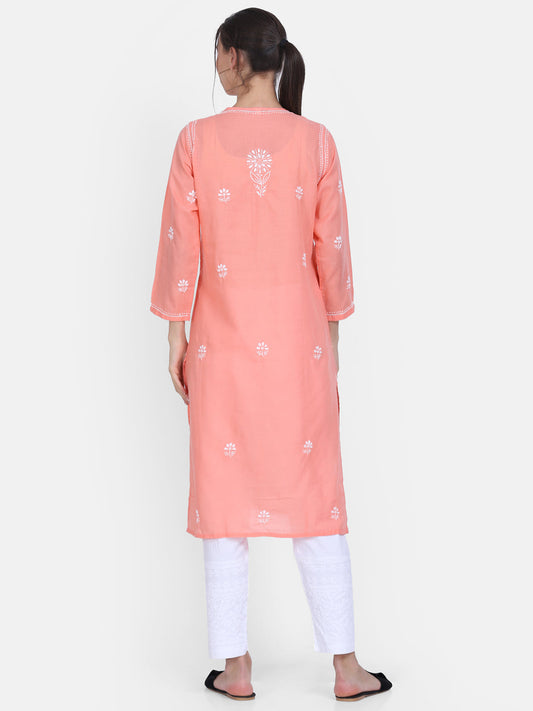 Hand Embroidered Chikankari Cotton Straight Kurta -ALNTV115 Peach