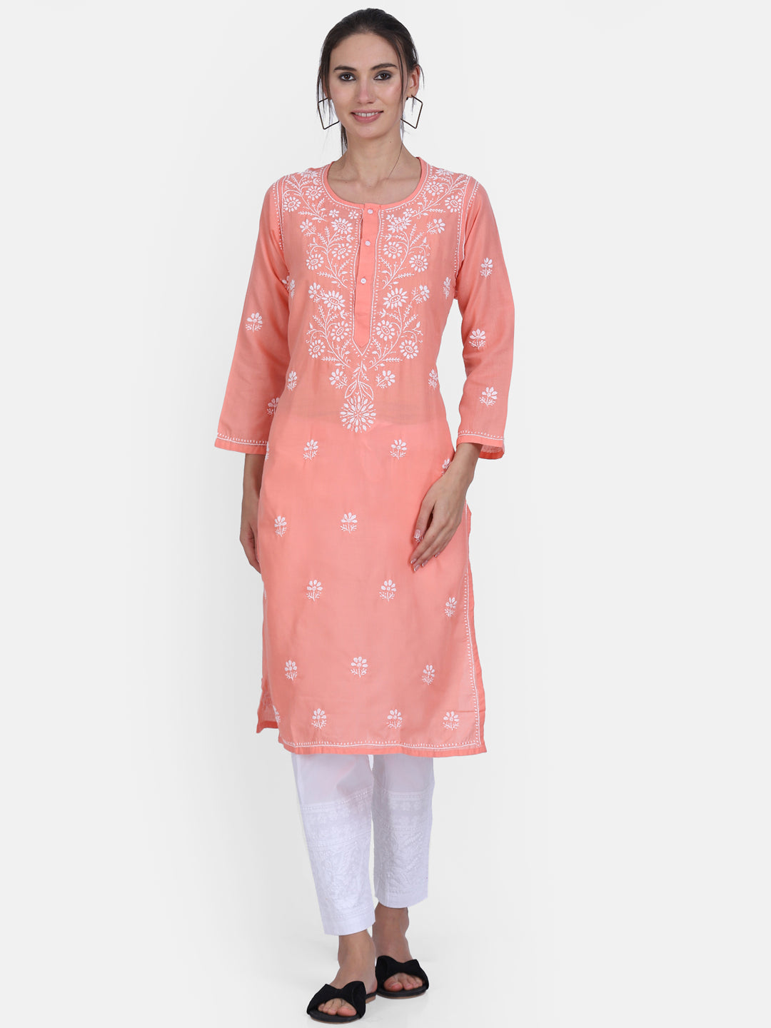 Hand Embroidered Chikankari Cotton Straight Kurta -ALNTV115 Peach