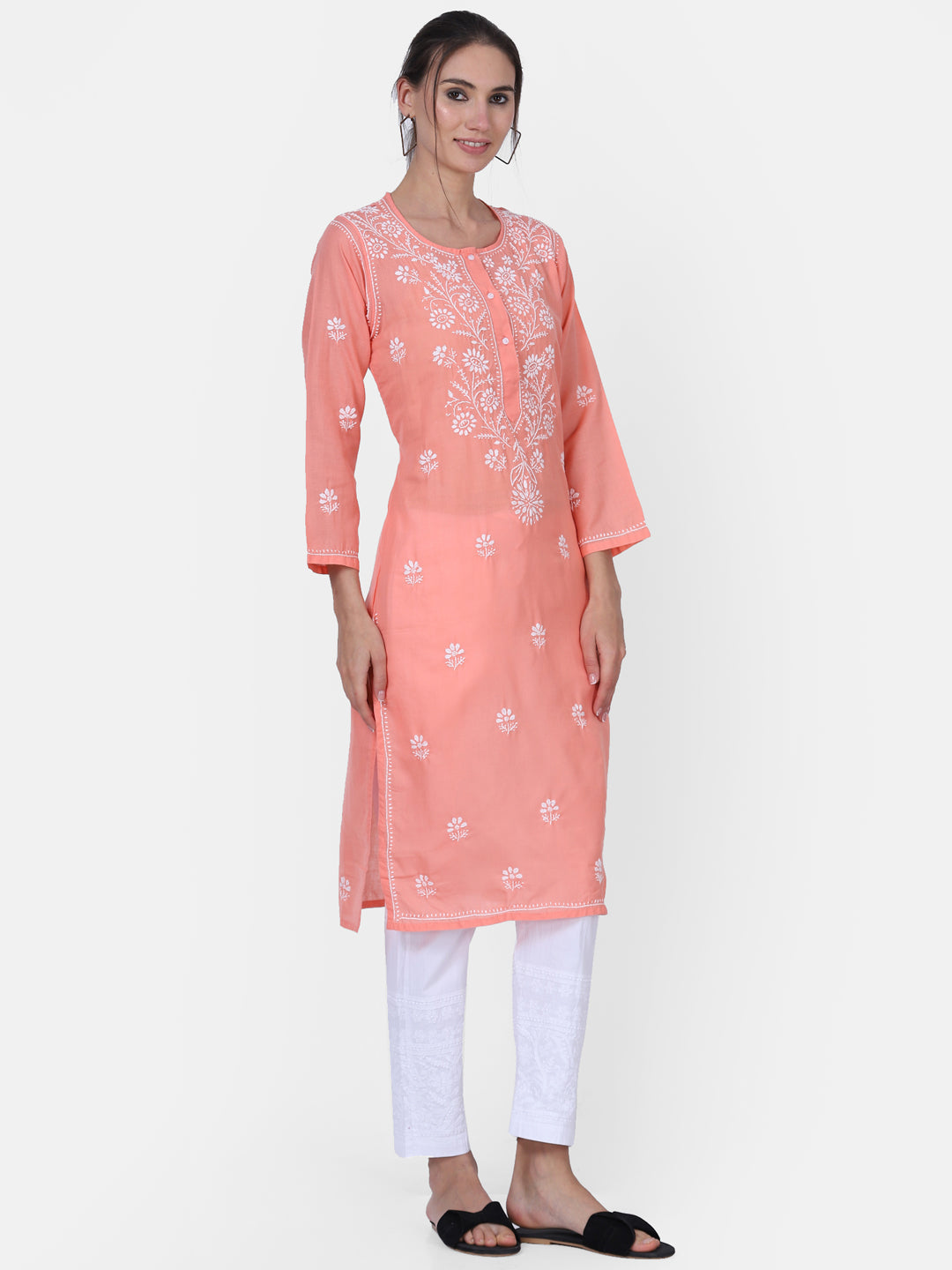 Hand Embroidered Chikankari Cotton Straight Kurta -ALNTV115 Peach