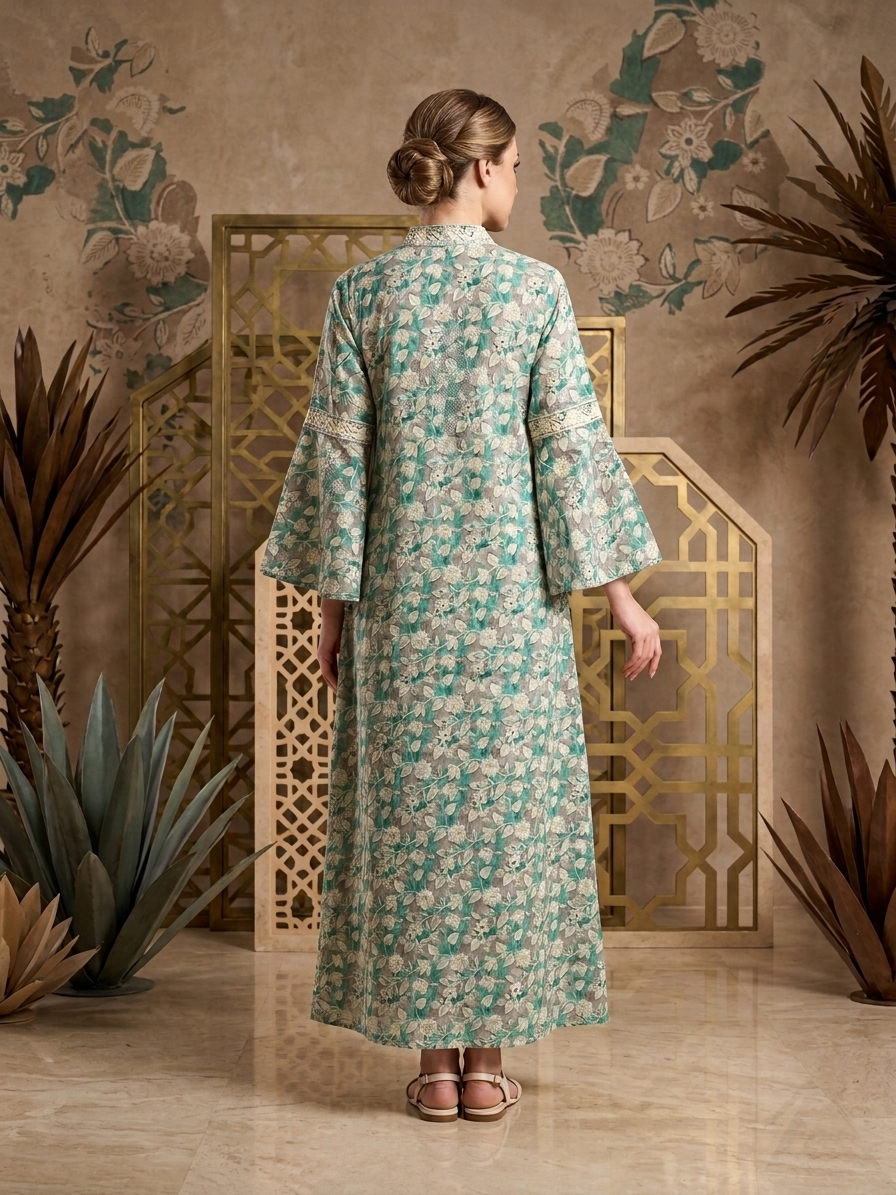 Women Floral Printed Rayon Jalabiya with Bell Sleeves & V-Neckline-AL4007 NEW1