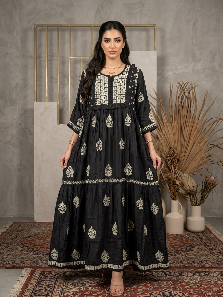 Hand Embroidered Chikankari Muslin Jalabiya-AL4016NEW