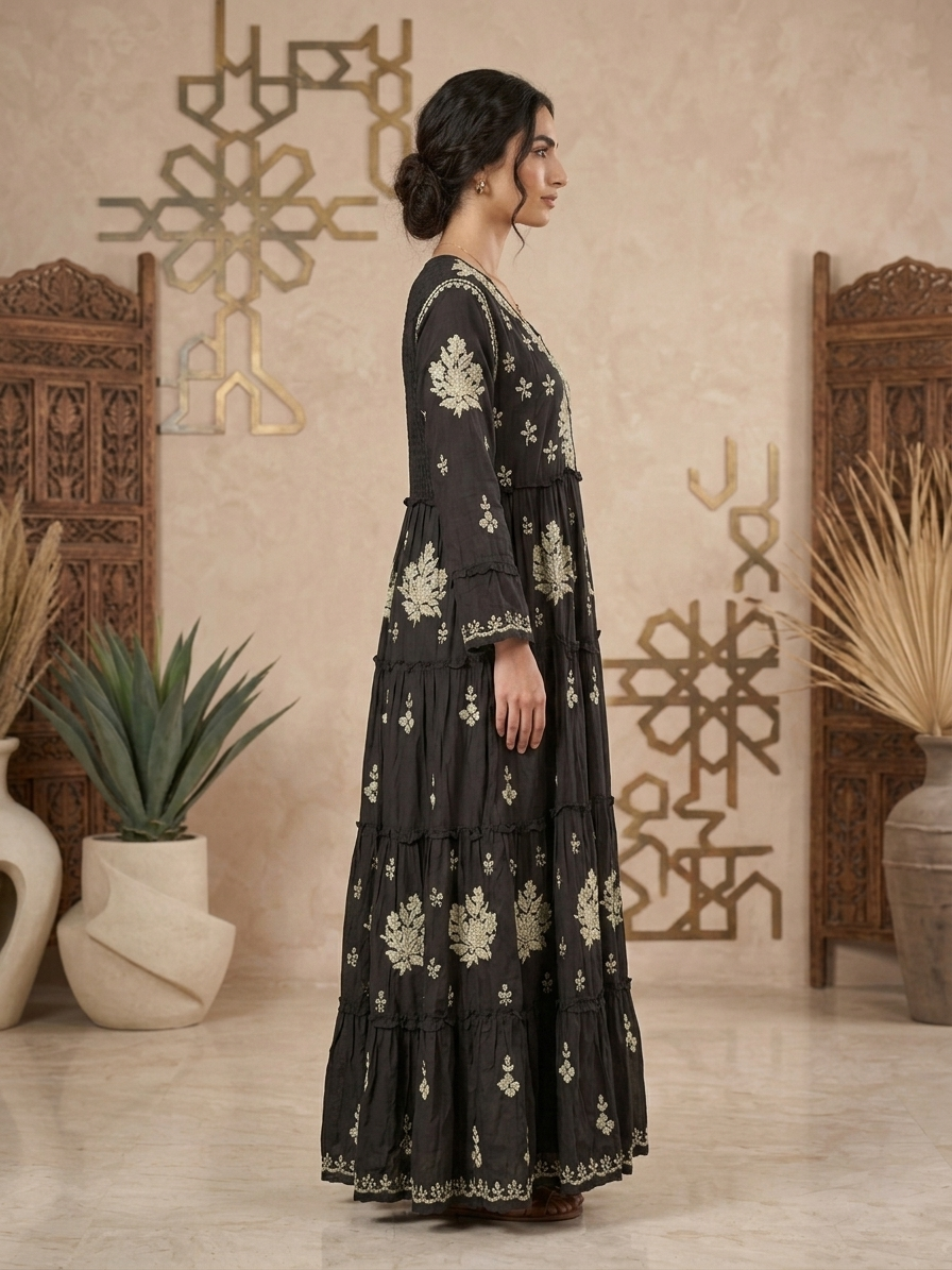 Hand Embroidered Chikankari Muslin Jalabiya-AL4003 NEW