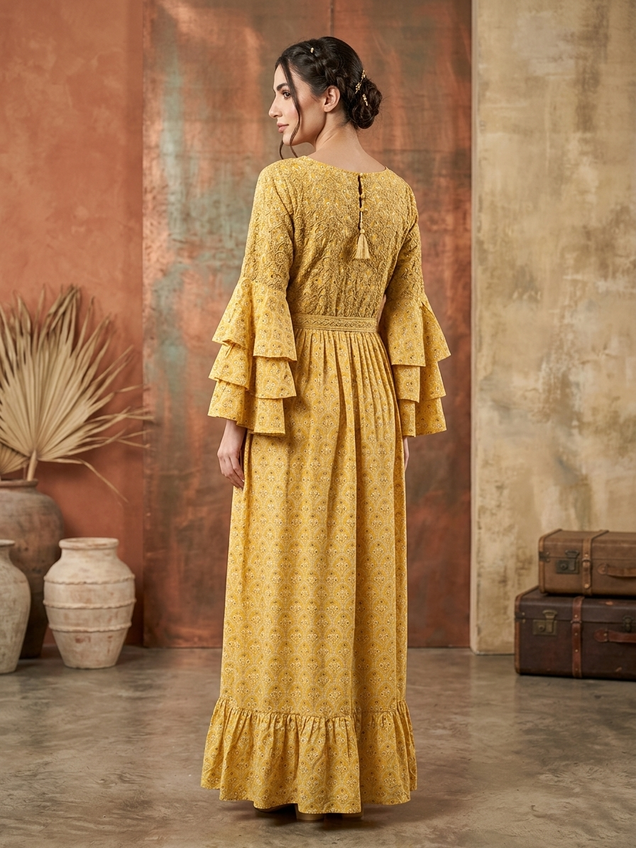 Women Floral Printed Rayon Jalabiya with Lace-Up Neckline-AL4006
