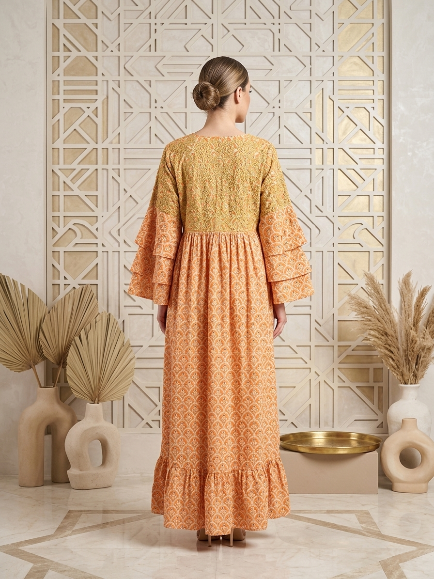 Women Floral Printed Rayon Jalabiya with Lace-Up Neckline-AL4006