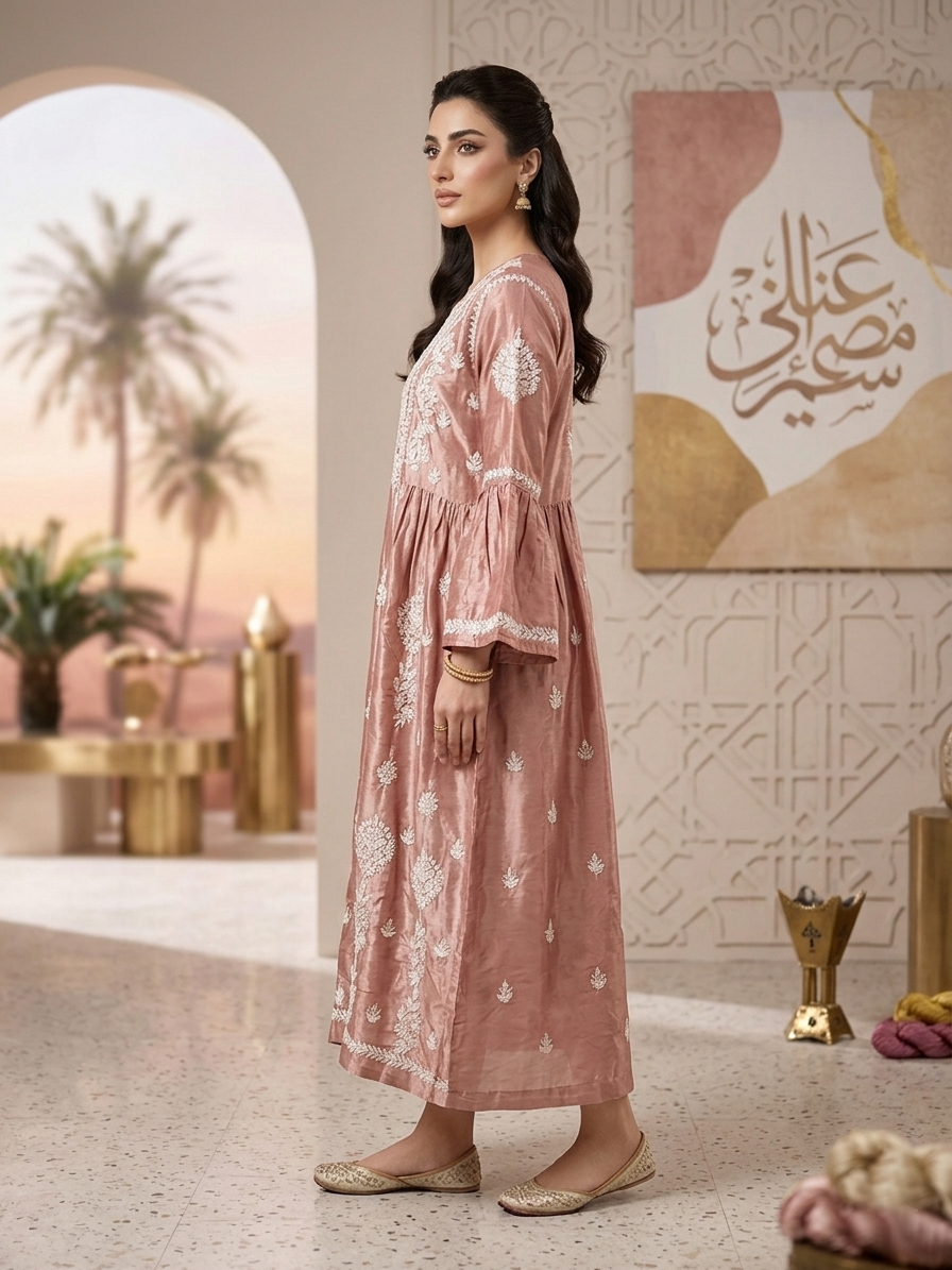 Hand Embroidered Chikankari Silk Jalabiya-AL3886