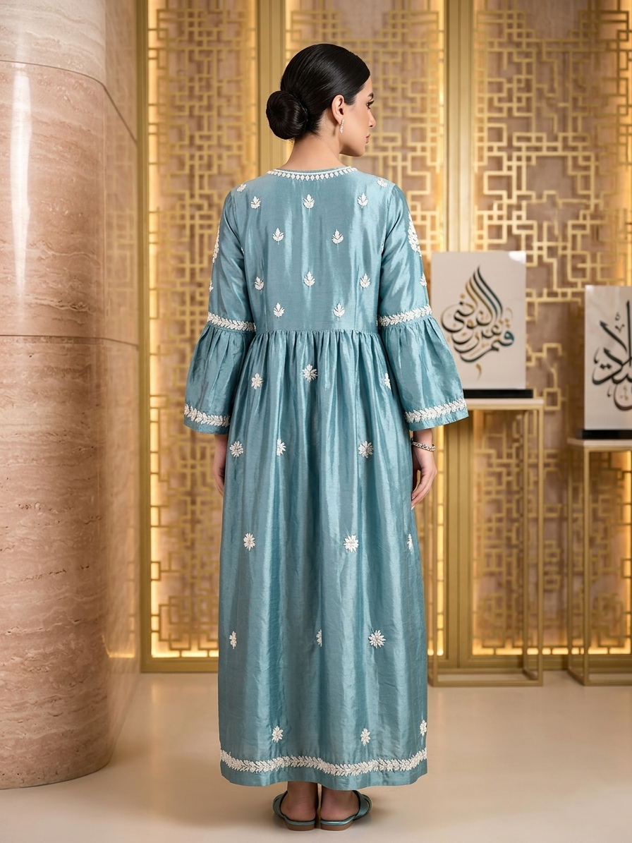 Hand Embroidered Chikankari Silk Jalabiya-AL3886