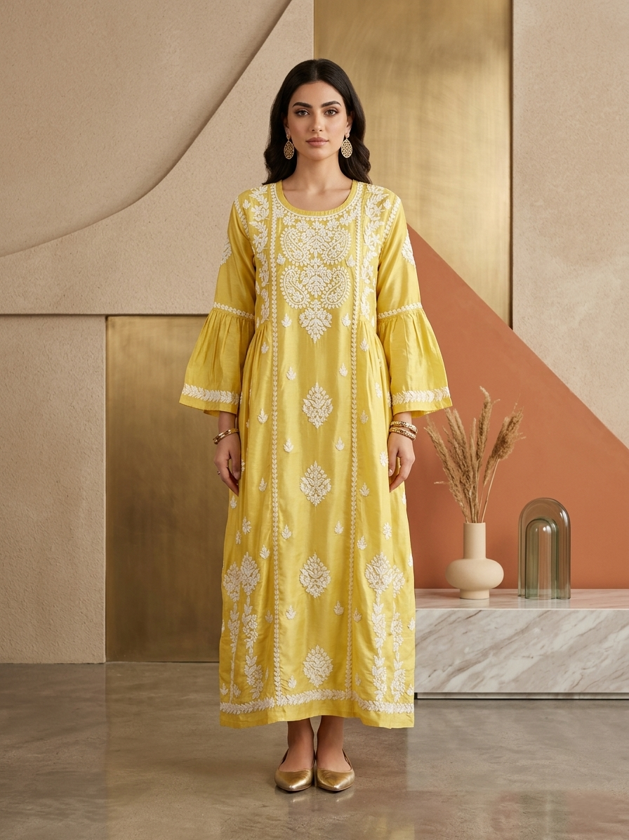 Hand Embroidered Chikankari Silk Jalabiya-AL3886