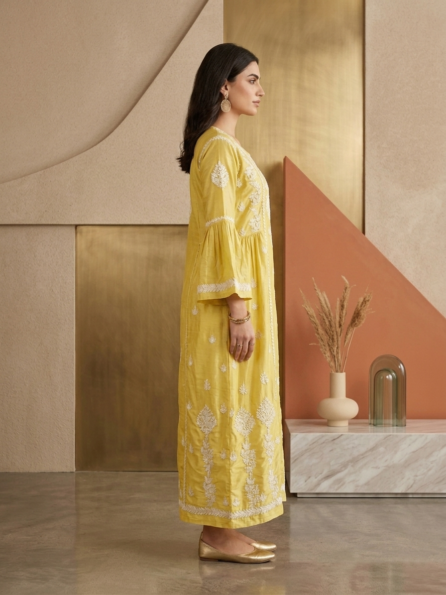 Hand Embroidered Chikankari Silk Jalabiya-AL3886