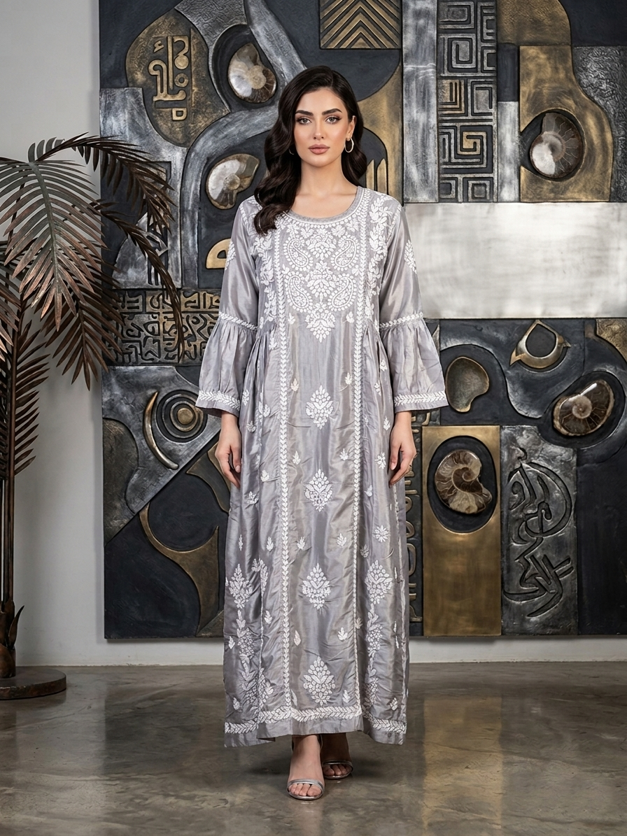 Hand Embroidered Chikankari Silk Jalabiya-AL3886