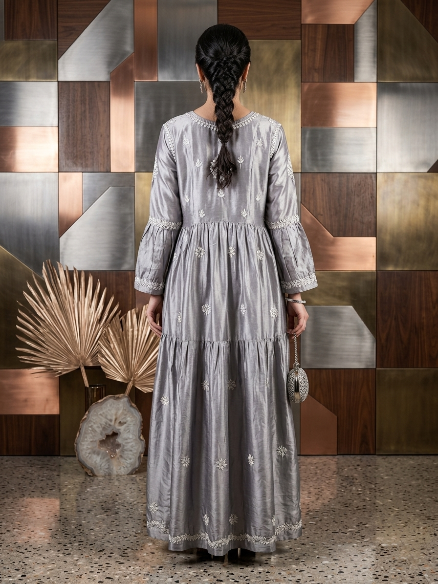 Hand Embroidered Chikankari Silk Jalabiya-AL3886