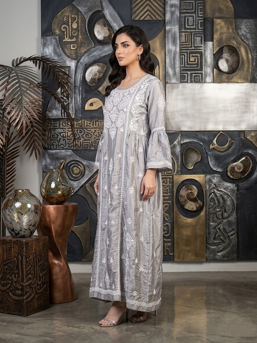 Hand Embroidered Chikankari Silk Jalabiya-AL3886