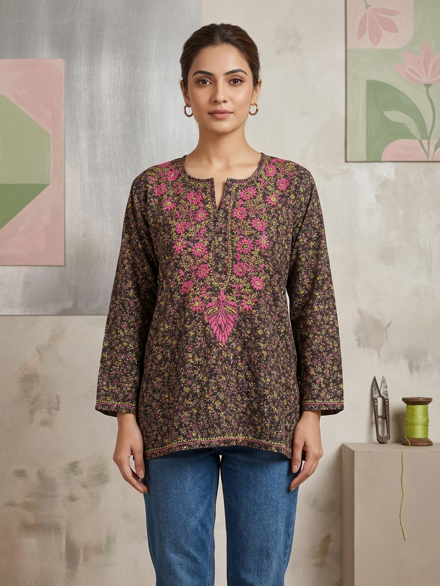 Hand Embroidered Chikankari Crepe Kurti-ALFCRK115