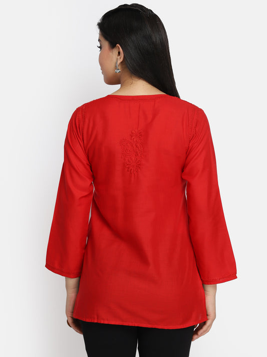 Hand Embroidered Chikankari Cotton Straight Kurti-AL3405 Red