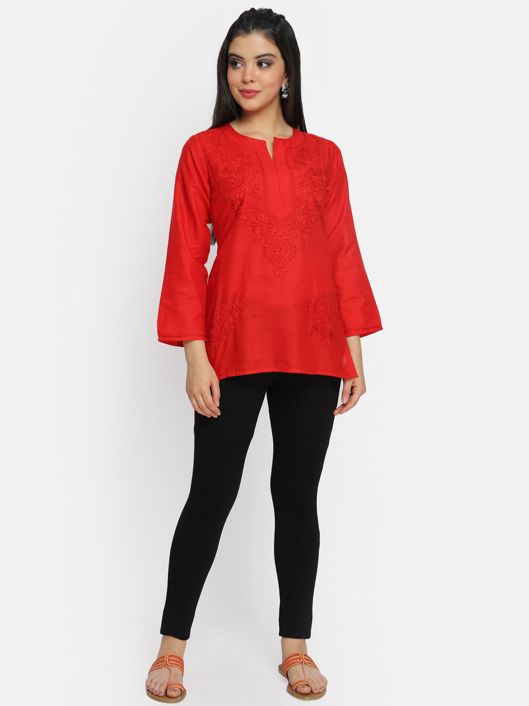 Hand Embroidered Chikankari Cotton Straight Kurti-AL3405 Red