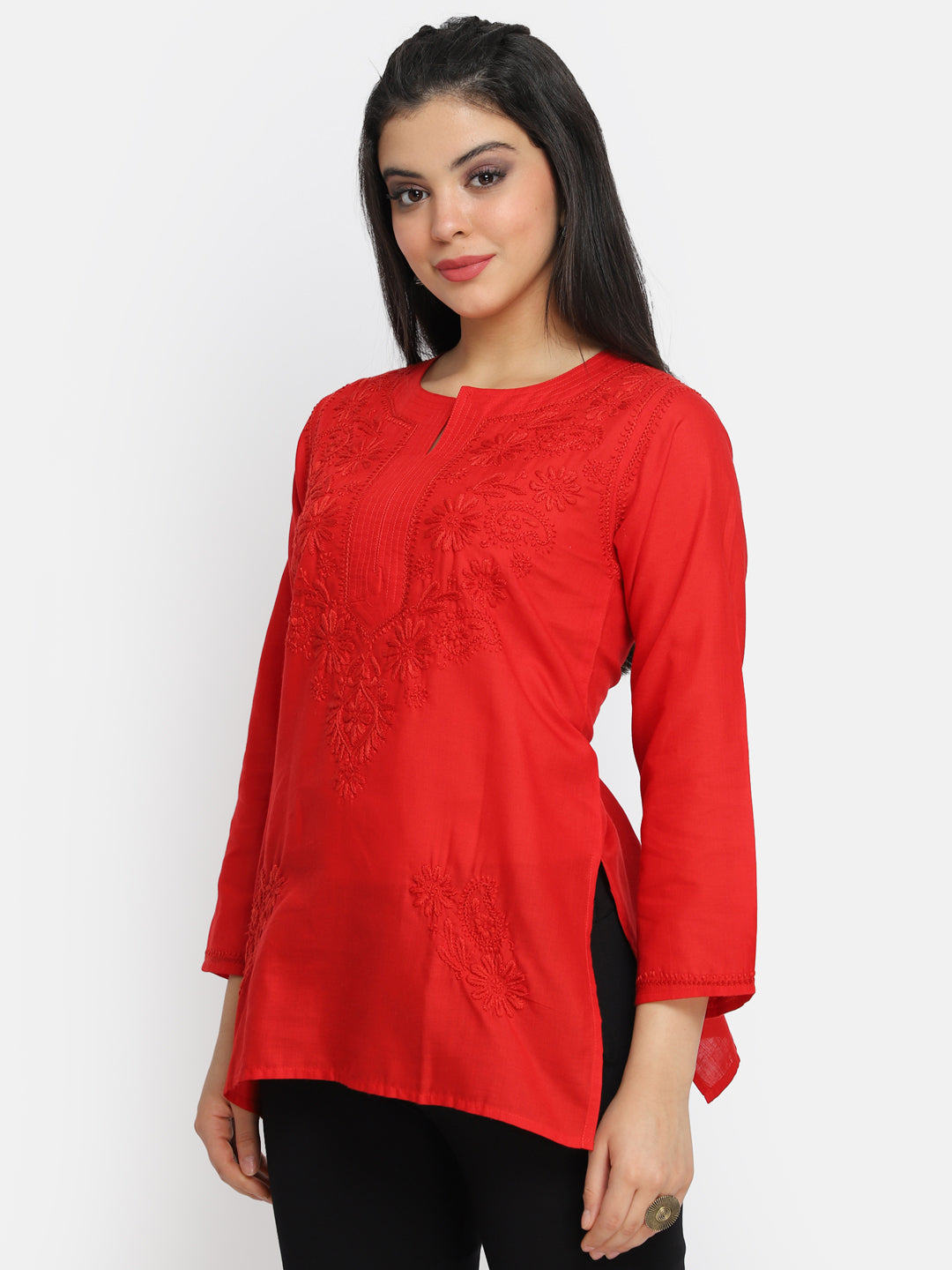 Hand Embroidered Chikankari Cotton Straight Kurti-AL3405 Red