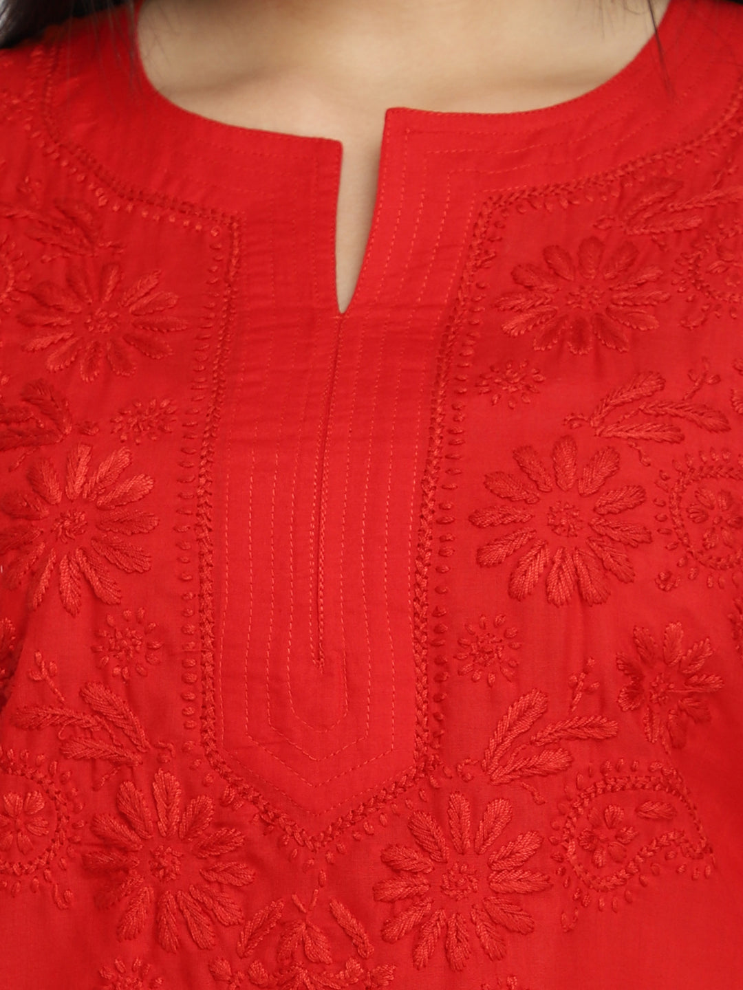 Hand Embroidered Chikankari Cotton Straight Kurti-AL3405 Red