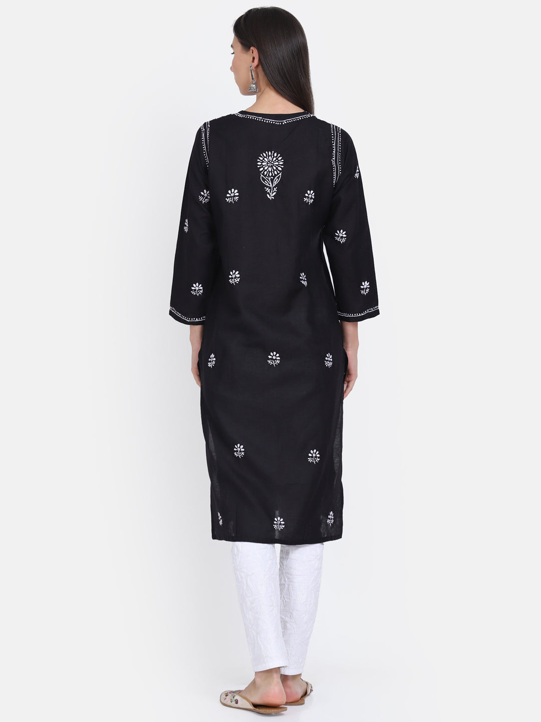 Hand Embroidered Chikankari Cotton Straight Kurta -ALNTV115 Black