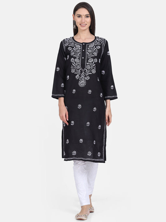 Hand Embroidered Chikankari Cotton Straight Kurta -ALNTV115 Black